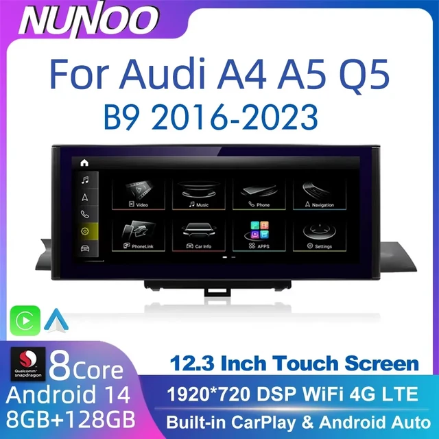12.3 Android 14 Carplay sans fil pour Audi A4 A5 Q5 B9 2017 2016-2023 Écran tactile IPS WIFI Stéréo multimédia GPS Navi Récepteur 1