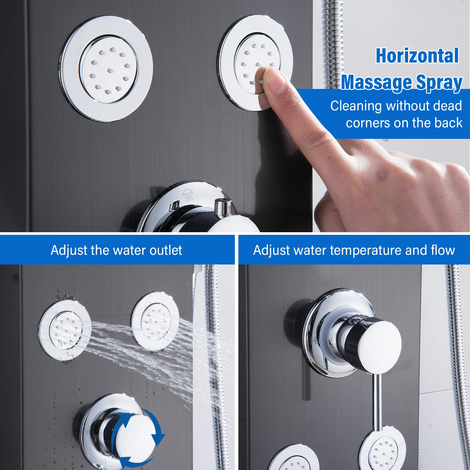 LED Shower Panel Tower System 5-Function Shower Panel Waterfall Tub Spout Horizontal Massage 304 Stainless Steel Panel 4