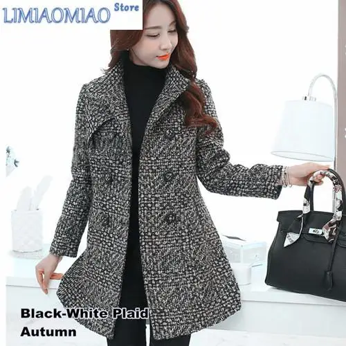 New Women's Wool Blends Coat Winter Autumn Fashion Elegant Mother Turtleneck Plaid Slim Long Tweed Woolen Outerwear Female