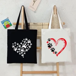 Women Dog Paw Heart Printed Shoulder Bag Cartoon Cute Retro Canvas Tote Bags Men Reusable Shopping Bag Fashion Lady Handbags
