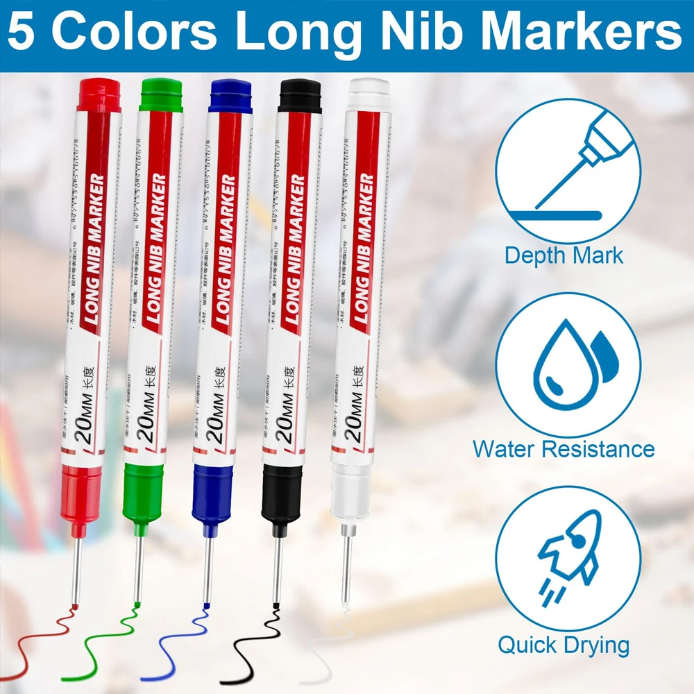 2-90Pcs 20mm Woodworking Long Head Markers Pen Waterproof Deep Hole Marker Pens Metal Carpenter White/Red/Black/Blue/Green Ink 3