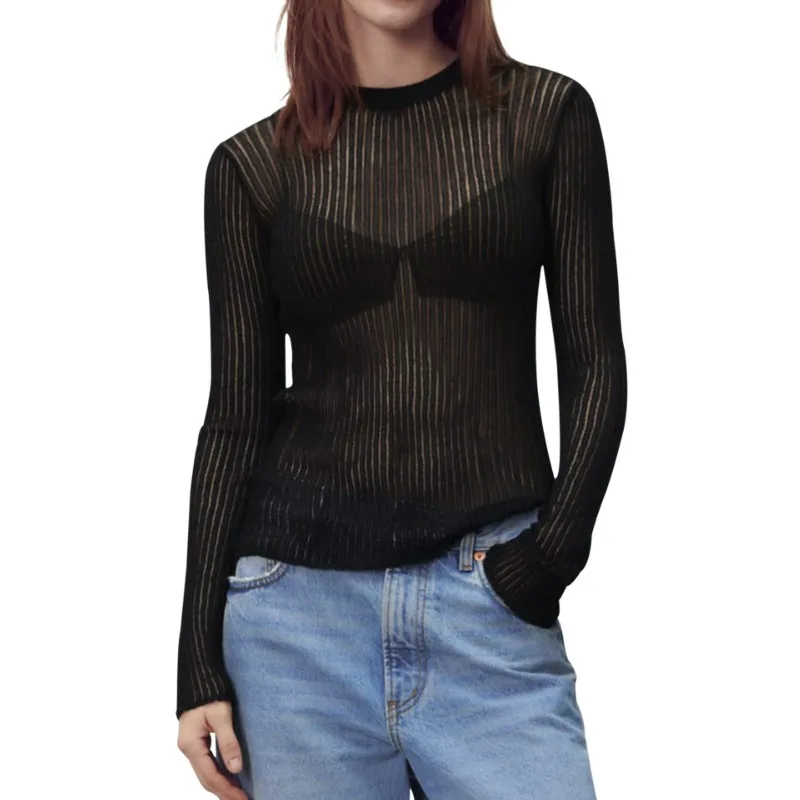 

Autumn Sexy Women's Tops New Solid Long Sleeve Perspective Round Neck Casual Comfortable Thin Breathable Knitted Tshirts Mujer