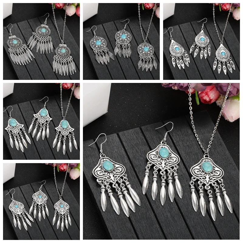 2023 Indian Jewelry Set Ethnic Silver Plated Geometric Carved Tassel Earring Necklace Women's Blue Turquoises Chain Jewelry