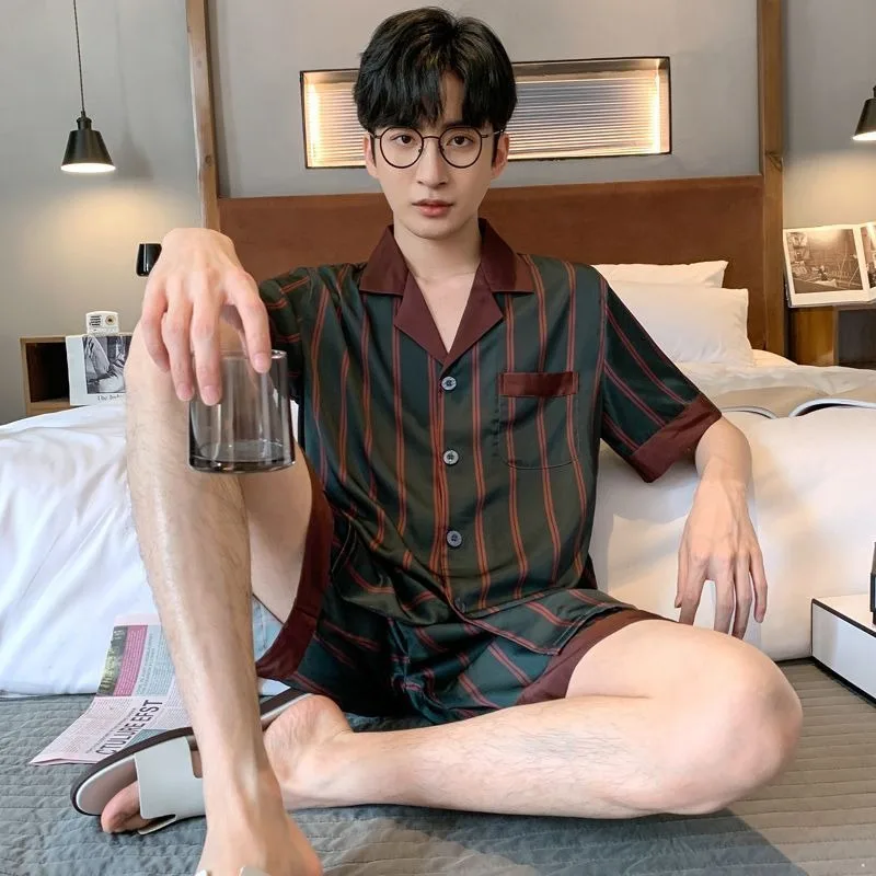 Men Spring Autumn Long Sleeve Ice Silk Senior Sense Home Wear Summer Thin Imitation Silk Four Seasons Summer Short Sleeve Suit silk pajamas,man pajamas set
