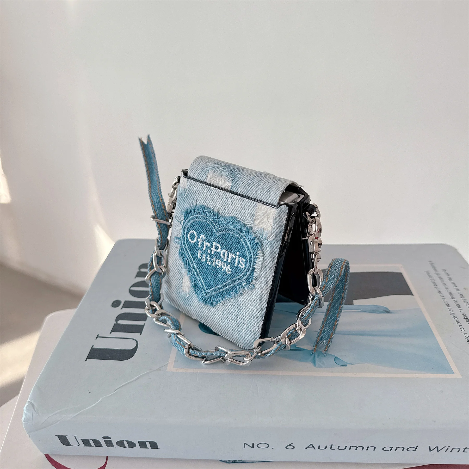 Korean Y2K Denim Heart Phone Case with Portable Chain in Blue