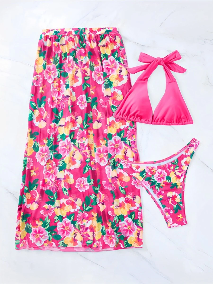 thumbnail image 5 of Halter String Print 3 piezas Bikini falda larga traje de baño mujer traje de baño mujer bañista natación traje de baño ropa de playa, 5 of 5