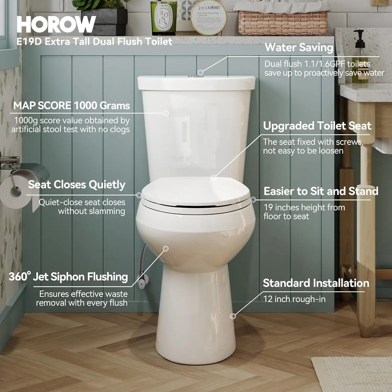 19 Inch Tall Toilets, Extra High Toilets with Comfort Chair Height Seat, 1.1/1.6 GPF Dual Flush Two-Piece Toilet, 12" Rough In 2