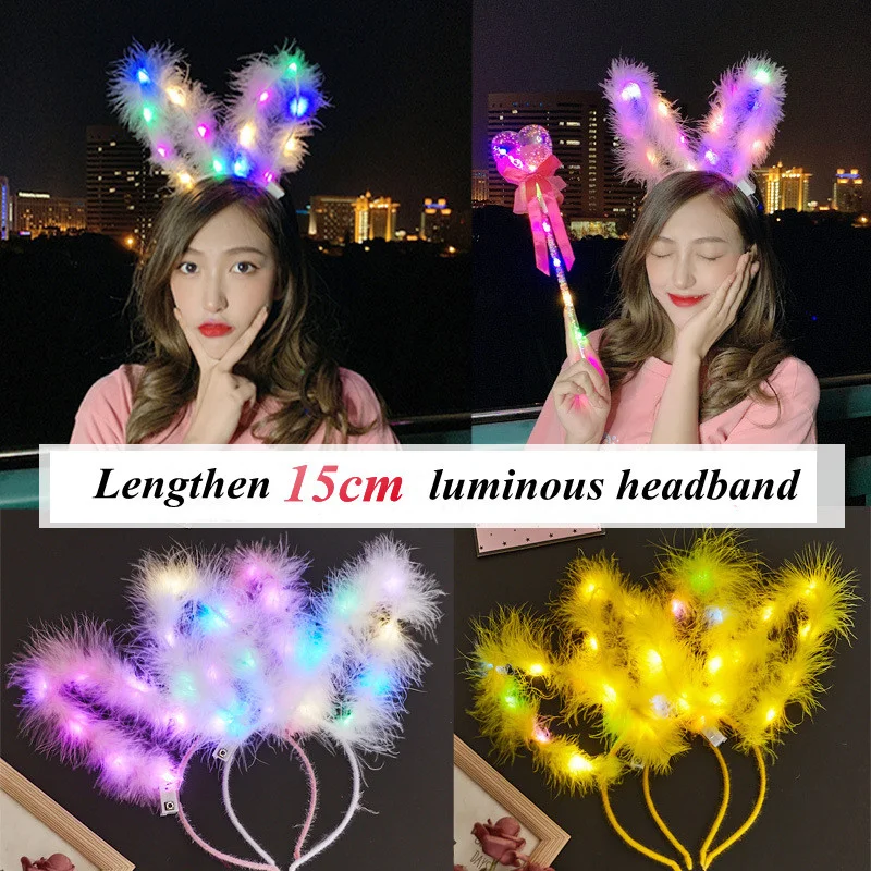 Led Feather Wreath Crown Headband Luminous Headdress 15cm Bunny Ears Headband Hair Rope For Women Wedding Christmas Glow Party