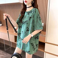 Trendy ort Sve T-irt Women Summer 2024 Loose Korean Sle Deep ey Mid-Length f Sve Printed Top round Ne Comm...