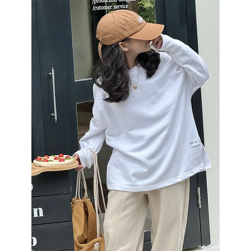 여아용 긴팔 블라우스, 한국 패션 스타일, 플리스, 기본 단색, 심플, 캐주얼, 아동복, 가을, 겨울, 탑 2023 신상