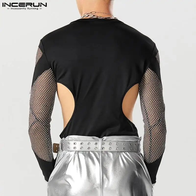 Men Bodysuits Mesh Patchwork Transparent Gloves Hollow Out Rompers Male T Shirts O-neck Long Sleeve Bodysuit S-5XL INCERUN