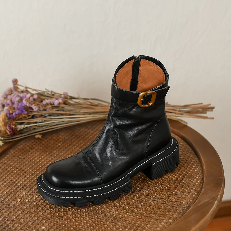 

Cowhide Thick Heels Ladies Shoes With Buckle Ankle Boots Side Zippers Women Winter Boots Round Toe Autumn Spring Short Boots