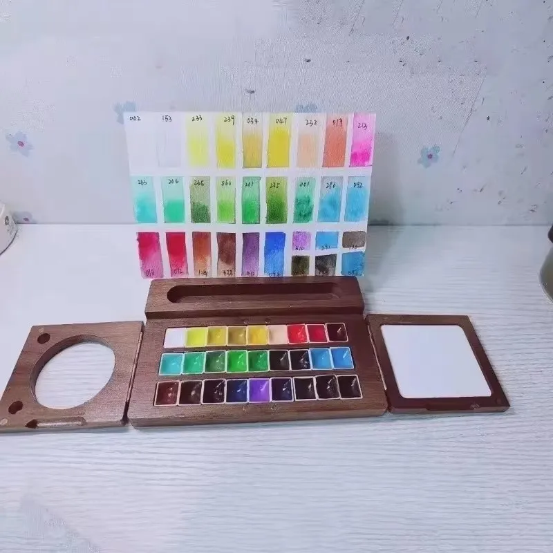 나무 수채화 상자 휴대용 접이식 수채화 팔레트 케이스 오일 페인트 상자 초보자 야외 스케치 그림 미술 도구