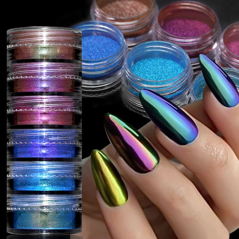 6Box/set Glitter Mirror Dust Nail Powder Chameleon Aurora Metallic Effect Pigments Laser For UV Gel Nail DIY Manicure Decoration 6