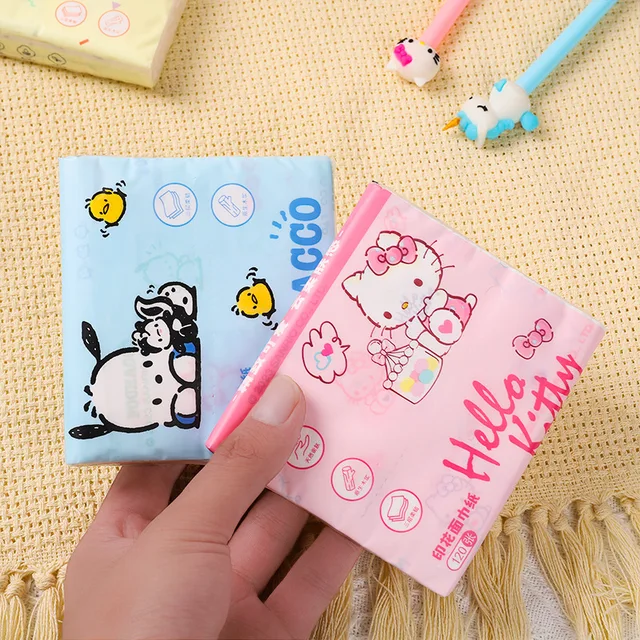 Compact and adorable handkerchief paper featuring Sanrio's Pachacco and Hellokitty characters, perfect for adding cuteness to any occasion.