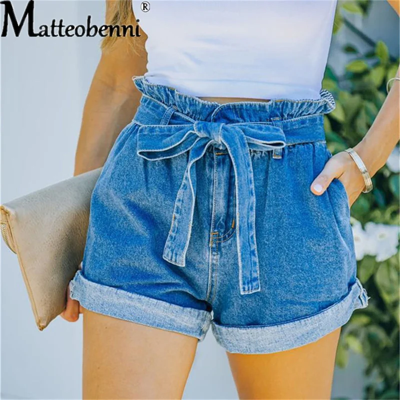 2022 Summer High Waist Denim Shorts Women Casual Loose Ladies Fashion Roll Up Hem Elastic Waist Belt Blue Pocket Jeans Female