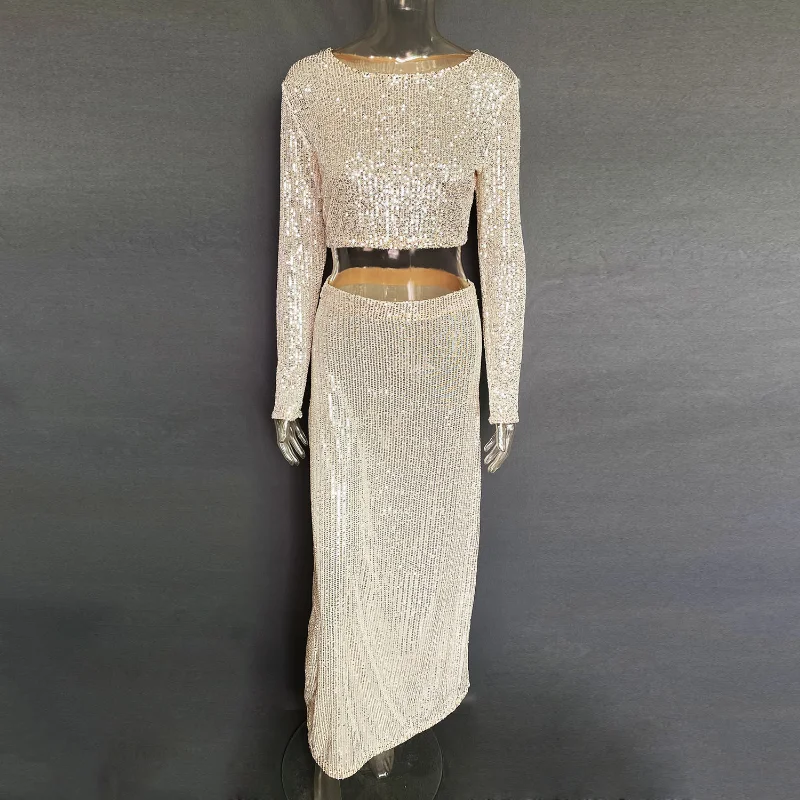 Sequins Loose Dress Sets Women Long Sleeve Crop Tops High Waist Sexy Maxi Skirts Ladies Two Piece Suits Womens Outifits