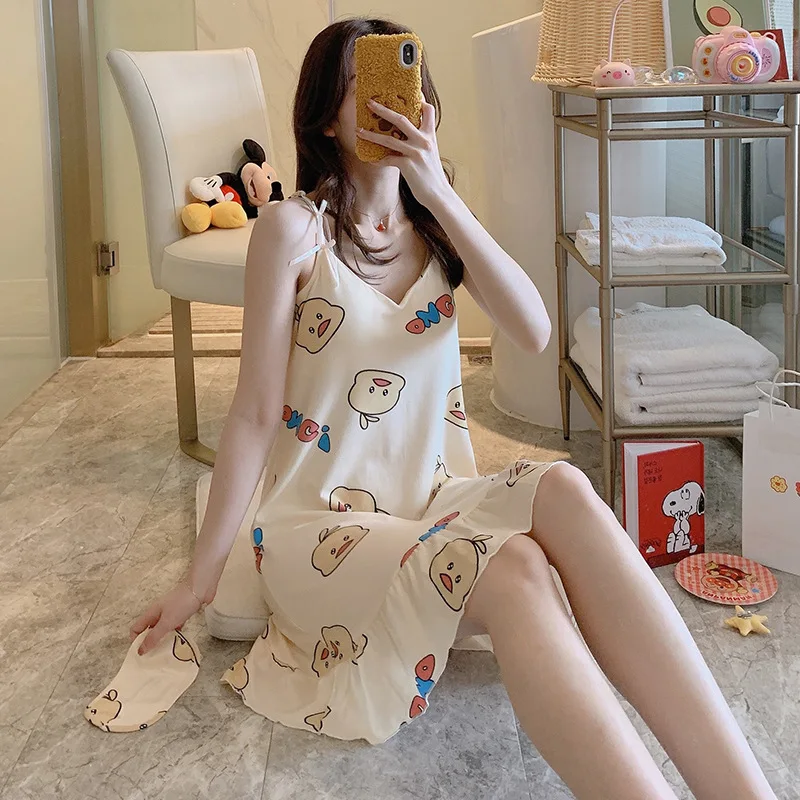 Sexy Women Nightgowns Milky Silk Nightdress Female SleepDress Cartoon Sleepwear Sleeveless Nightwear Homewear Housewear Pajama
