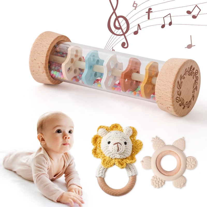 Rain Stick Rainbow Hourglass Rattle Toys Set BPA Free Silicone Soothing Toys Crochet Animal Wooden Bracelet Teether 3pcs teething toys silicone teething toys
