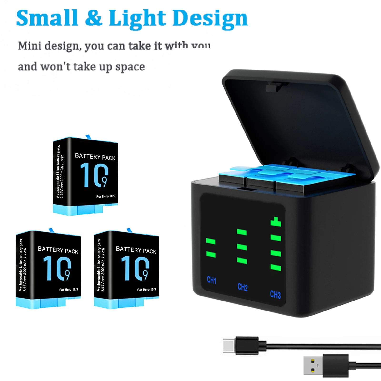 Per Gopro Hero 11 10 Custodia Per Caricabatterie 2000Mah Batterie Ricaricabili Per Gopro Hero 9 10 11 Batteria Per Fotocamera Accessori Neri