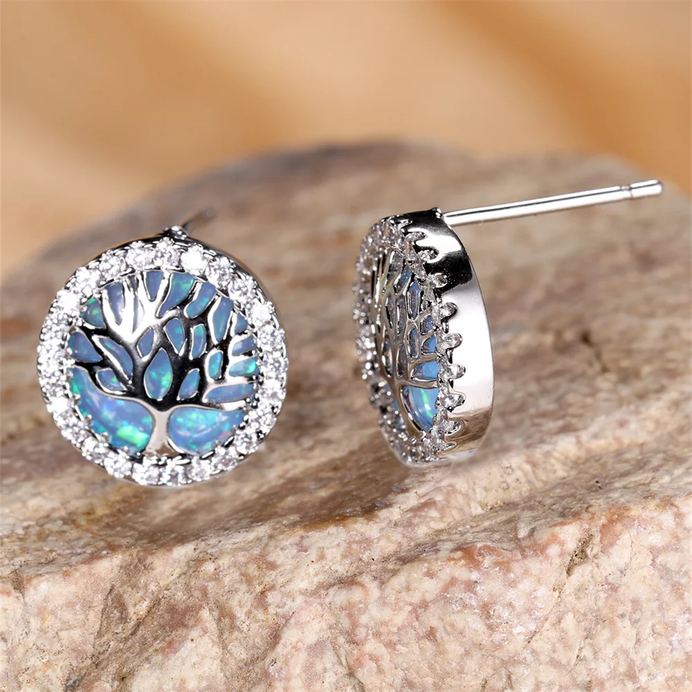 Blue Opal Round Stone Cute Life Tree Stud Earrings For Women Vintage Silver Color Wedding Jewelry Bridal Engagement Gifts