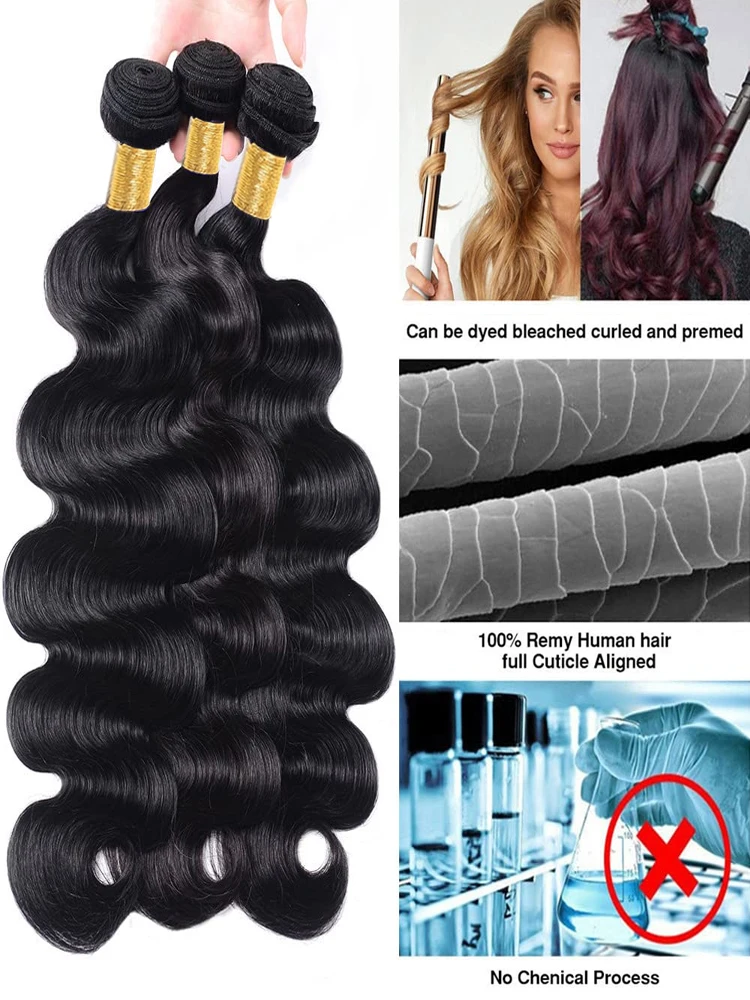 Body Wave Bundles Brazilian Hair Weave Human Hair Extensions Virgin 30 Inch Raw Natural Black 3 Bundles Deal for Women
