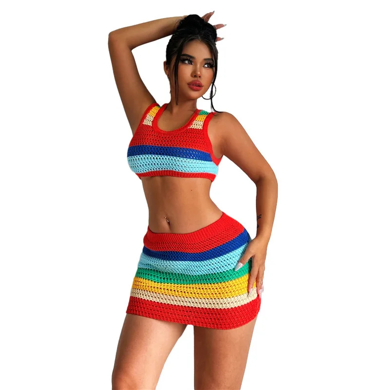 

Europe And The United States 2023 Summer New Women's Sexy Casual Knit Slim Fit Crop Top High Waist Hip Wrap Skirt Set