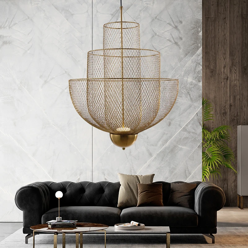 Design Electroplate Gold Meshmatic Grid Ceiling Chandelier Dining Table Bedroom Kitchen Dimmable Led Indoor Lighting Fixture