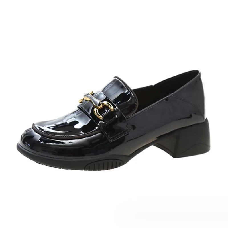 

New Women Simple Patent Leather Casual Shoes Girl Chunky Heels Pumps Comfortable Slip-on Thick-soled OL Loafers Women's