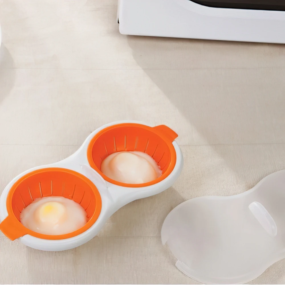 Draining Egg Boiler Set,Double Cup Egg Cooker,Non-stick Fast Egg Steamer Microwaveable 1PCS Orange 