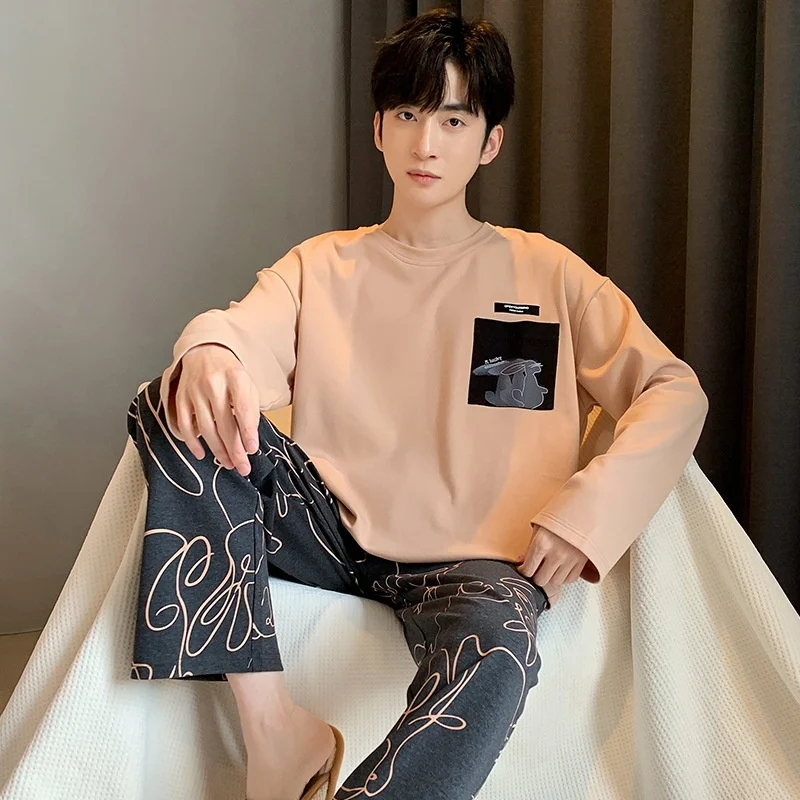 Autumn And Spring Large Size 3XL Pure Cotton Adult Letter Print Men's Pajamas Set Casual Loose Long-sleeved Home Clothes