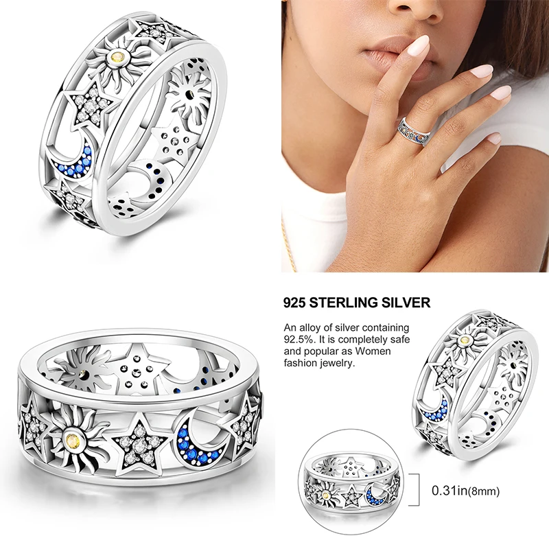 New Rings Women 925 Sterling Silver Star Moon Colorful Zircon Heart Rings Fine Wedding Engagement Birthday Jewelry Gift silver heart ring silver rings silver ring wedding rings