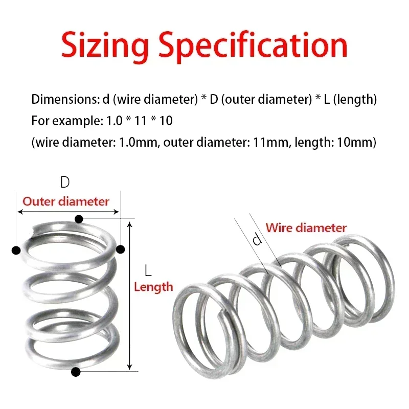10Pcs 0.5/0.6/0.7mm 304 Stainless Steel Spiral Return Micro Small Compression Spring OD: 4/5/6/7/8/9/10/11mm Length: 5mm-50mm