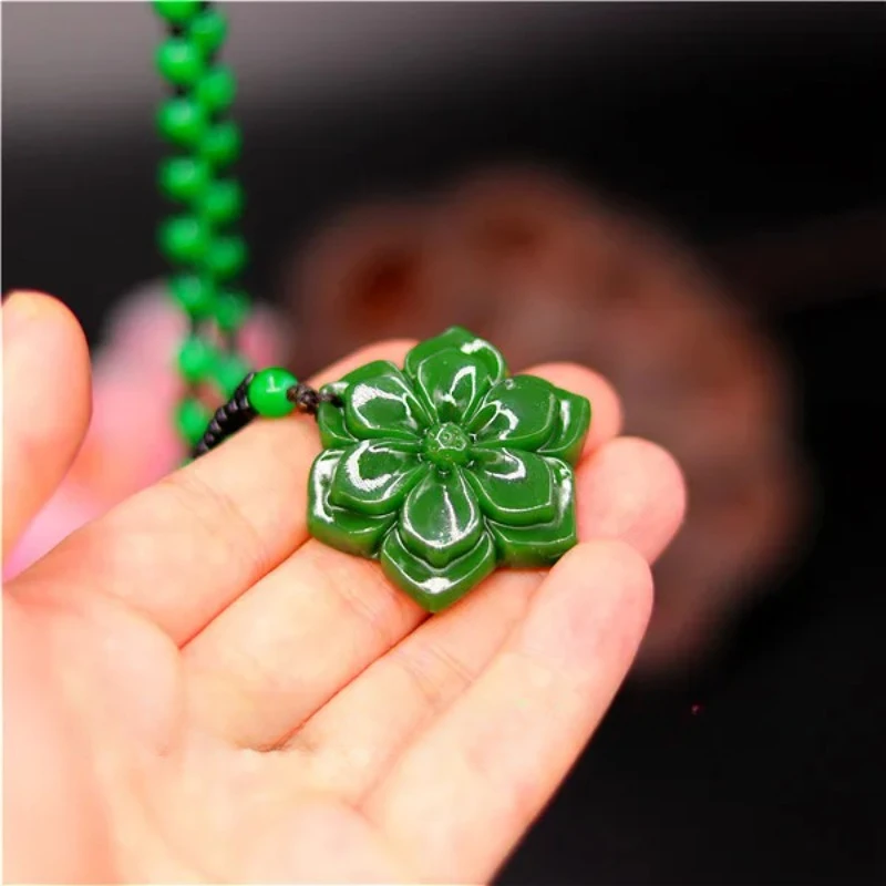 

Natural Green Chinese Jade Flower Pendant Beads Necklace Fashion Charm Jadeite Jewelry Carved Amulet Gifts for Women Men