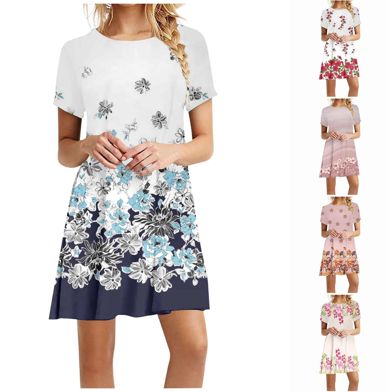 

Women'S Fashion Print Vest Loose Dress Summer Round Neck Beach Skirt Sundress Independent Day Pullover Dress Half Sleeve Dress