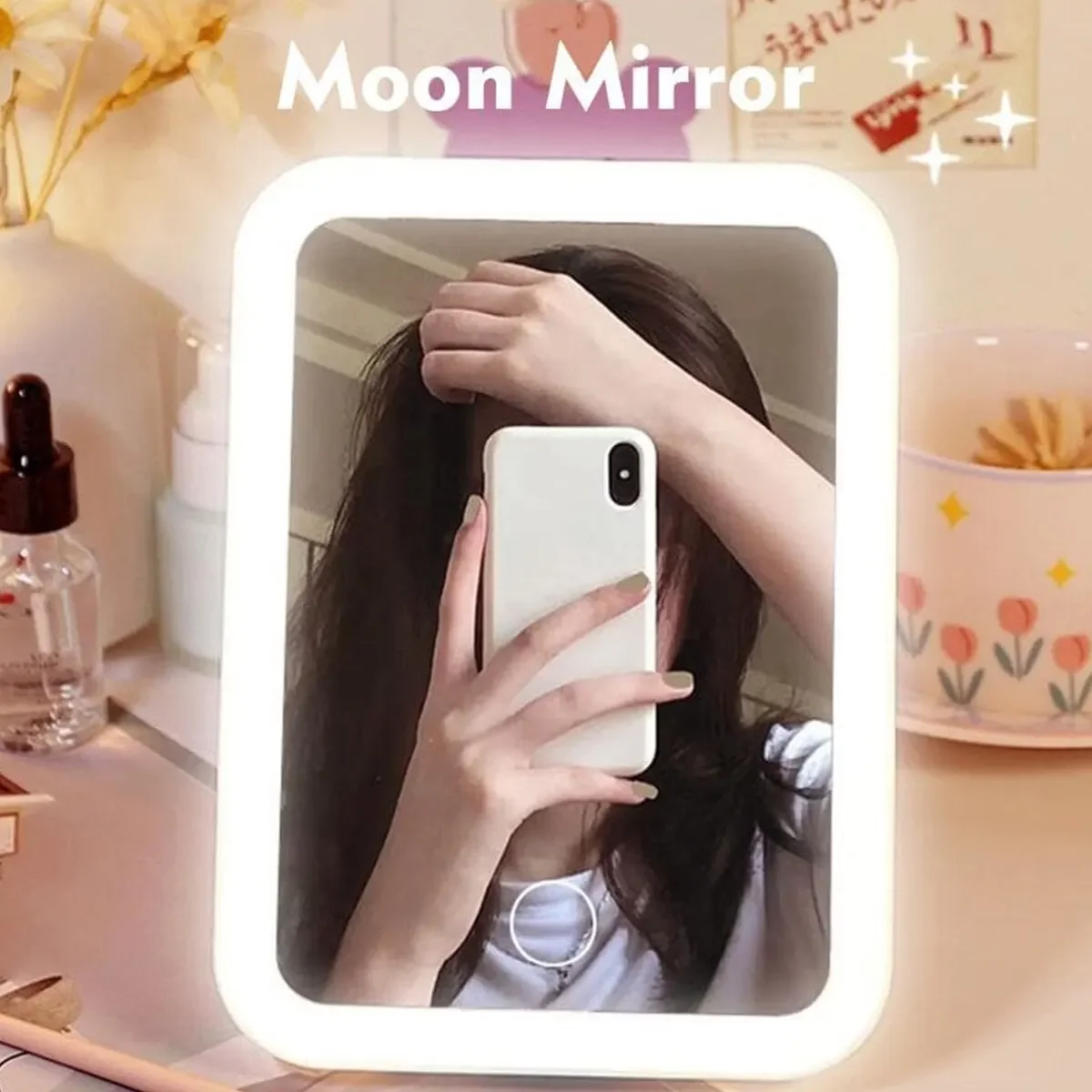 LED Light Touch Screen Portable Makeup Mirror White Pink Household Dormitory with Standing Folding Vanity Mirror Adjustable