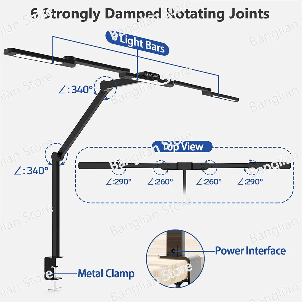 

Transformable LED Desk Lamp with Clamp Auto Dimming Office Lighting Swing Arm Table Lamp 3 Light Bars Task Lights Eye Protection