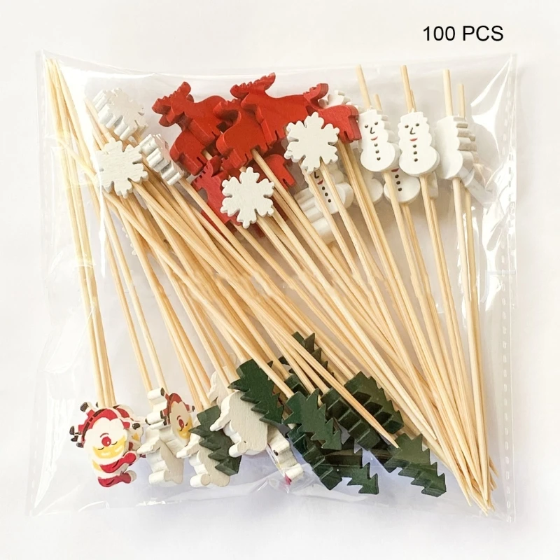 

100pcs Christmas Disposable Bamboo Skewers Fruit Fork Christmas Decoration Food Picks Sandwich Decor Cake Dessert Sticks