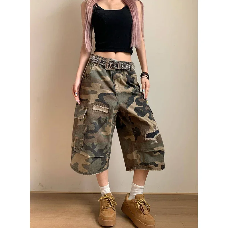Camouflage Wide-Leg Denim Shorts – Y2K Vintage Streetwear main image 1