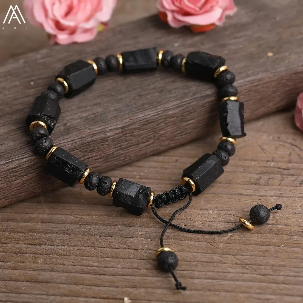 Natürliche schwarze Turmalin-Stein-Nugget-Perlen, schwarze Lava-Rondelle-Perlen, Kordel, geknotet, verstellbares Armband für Damen, Boho-Seil-Armband