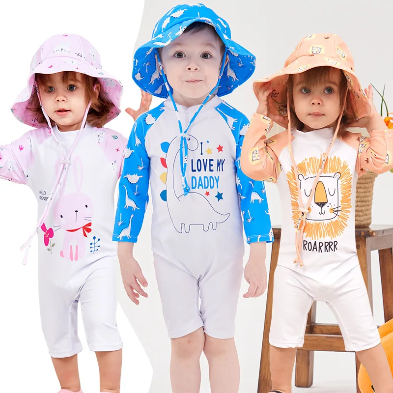 Kids Swimsuits 1-7Y Baby Boys Girls One Piece Swimwear Swimsuit Dinosaur Style Children Bathing Beach Suit Long Sleeve Sunscreen With Sun Hat