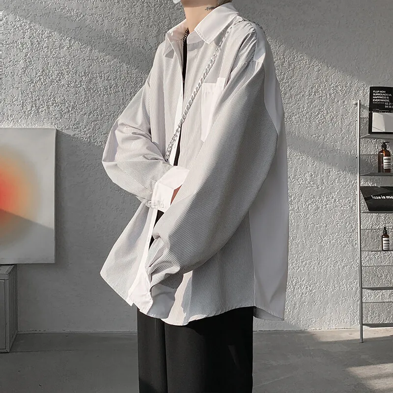 قميص M-XXXXXL مخطط ذو ألوان كبيرة الحجم - قميص كاجوال عصري فضفاض مناسب للجنسين للرجال والنساء، نمط ملابس الشارع متعدد الاستخدامات