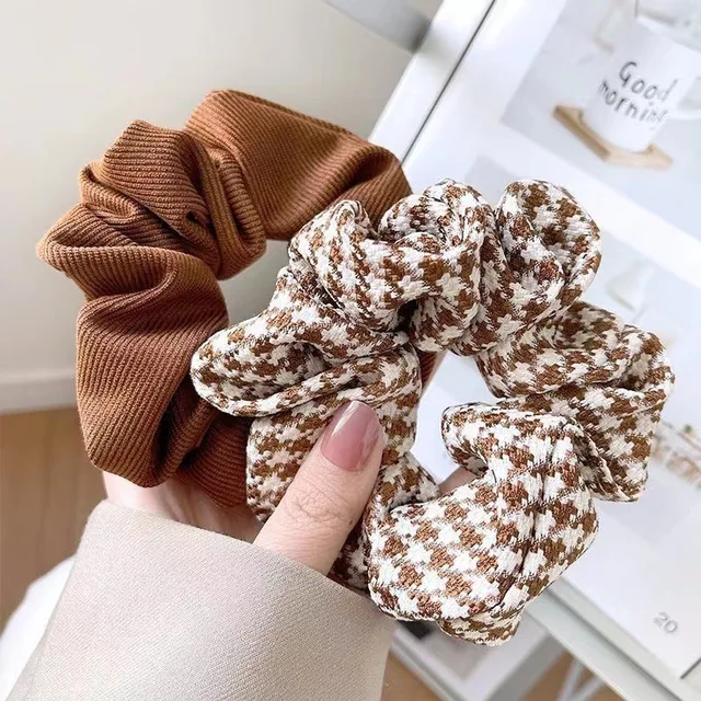 Korean Brown Color Scrunchies Lazy Style Houndstooth Simple Casual Large Hair Tie Rope Student Girls Solid Elastic Hair Bands 2