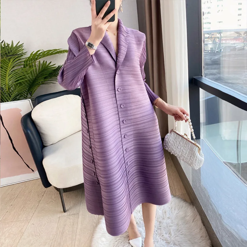 

Miyake Pleated Women Dresses Fashion Solid Single-breasted design loose large size women's 3/4 sleeve dress 2022 Autumn New