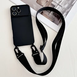 Adjustable Crossbody Silicone Case with Wide Lanyard - Solid Color Matte Soft Protective Cover - iPhone 15 (Black)