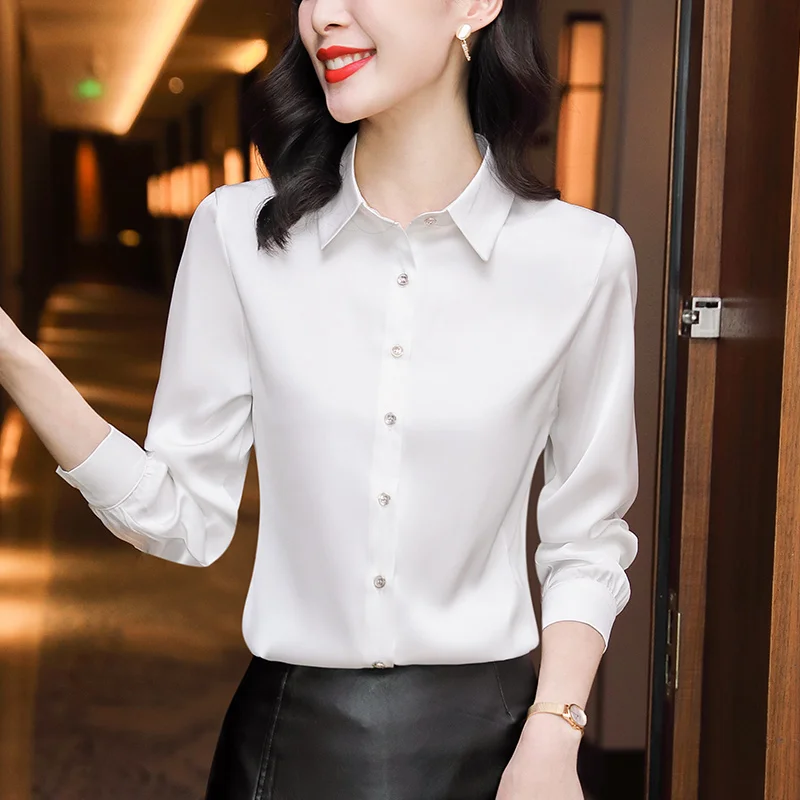 Women'S Solid Color Slim Fit Versatile Long Sleeved Chiffon Cardigan Shirt New Spring And Autumn Lapel Professional Fashion Top