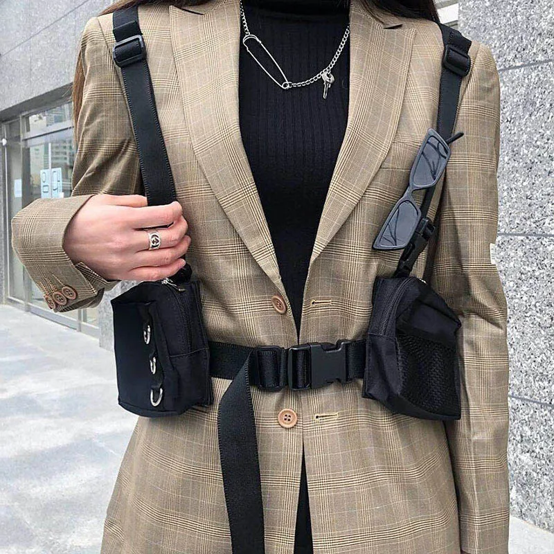 Punk Chest Bag Hip-Hop Tactical Streetwear Waist Pack Unisex Outdoor Functional Vest Bag Trend Two Pockets Harness Chest Rig Bag