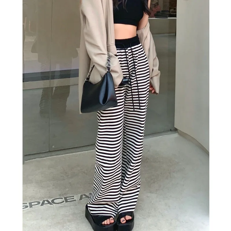 Spring Summer Stripe Wide Leg Pants For Women Chic Casual Drawstring Waist Loose Long Pants Lady Harajuku Straight Trousers