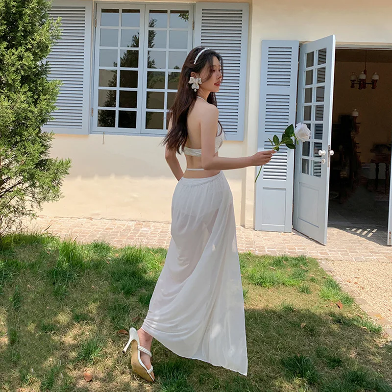 Swimwear Female Fairy Style One-piece Deep V Hot Girl Sexy Backless Suspender Pure Sexy White Gauze Skirt Holiday Beach Skirt