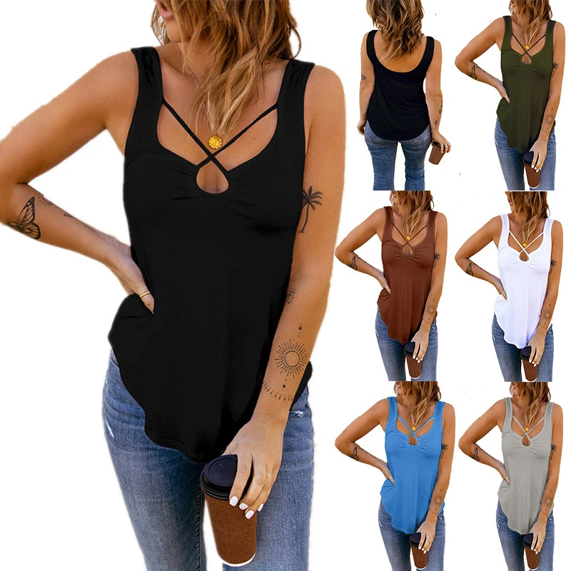 2023 Spring and Summer New Women's Shirts Cross Solid Color Fashion Casual Sexy Camisole Top Women